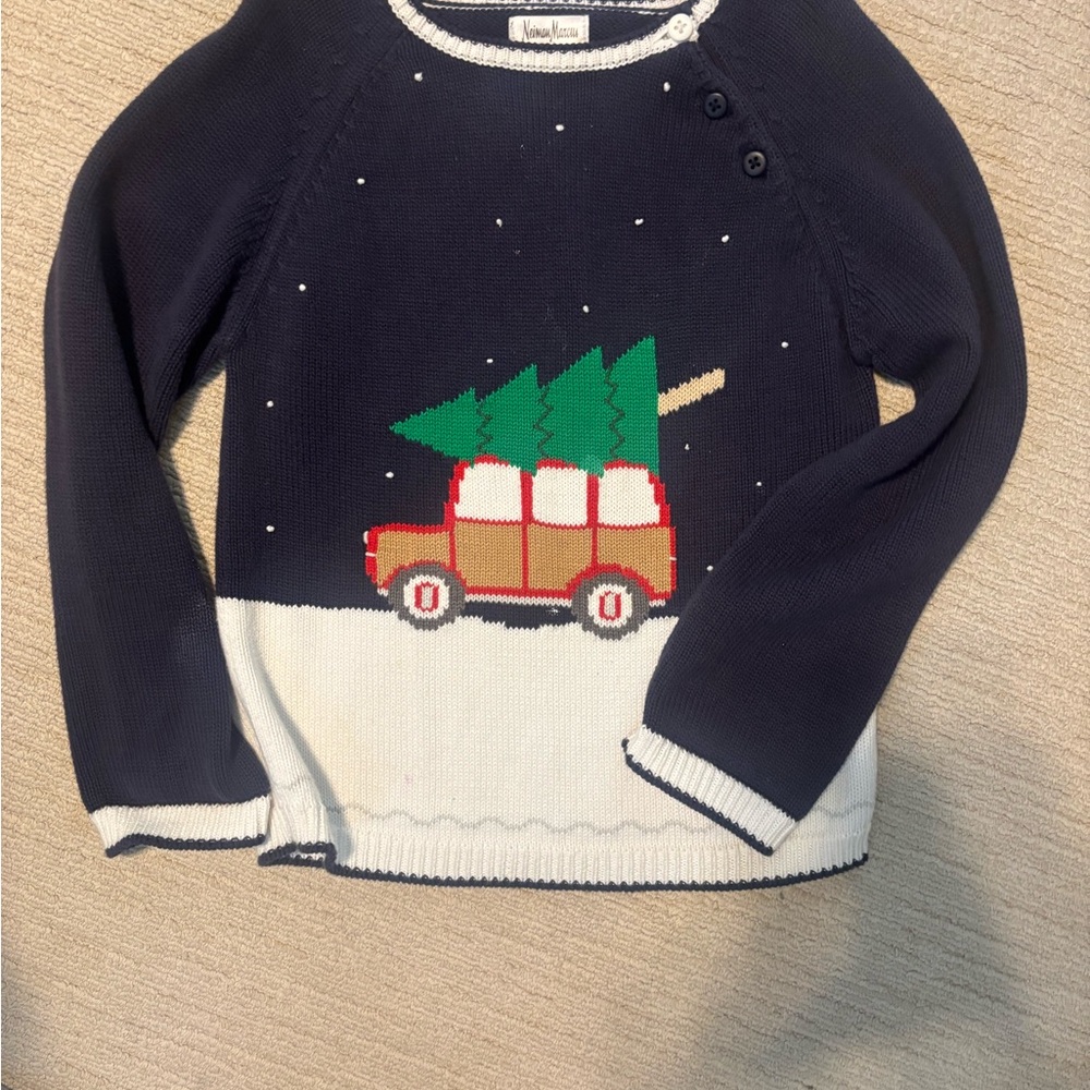 Neiman Marcus Navy Sweater with Festive Car Design